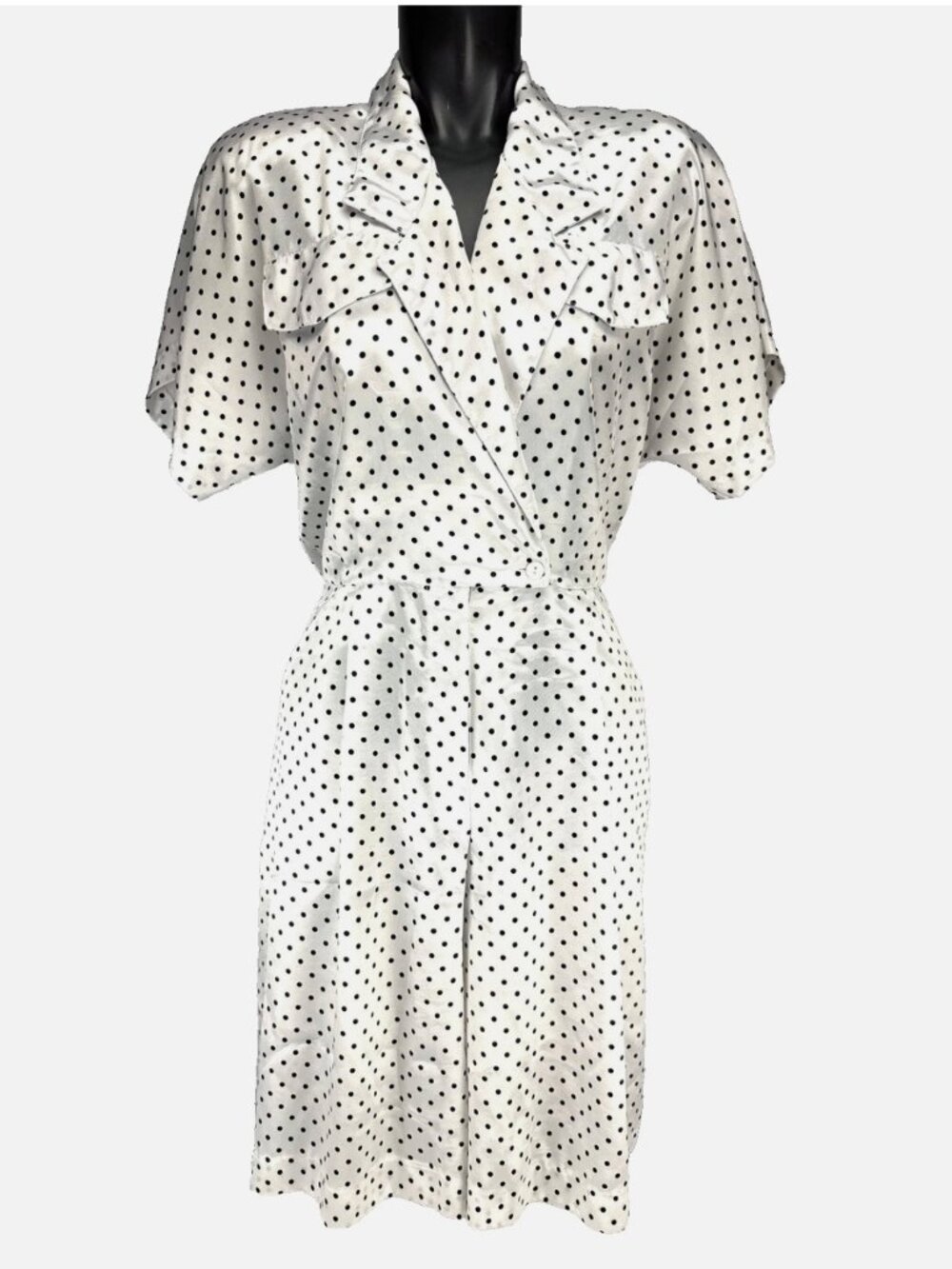 ALGO-ETTES Vintage Black Polka Dot Pockets Satin White Knee Length Romper Size L